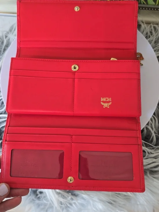 MCM Red Leather Trifold Wallet w/ Gold Studs & Charms | Authentic | EUC - Picture 12 of 15